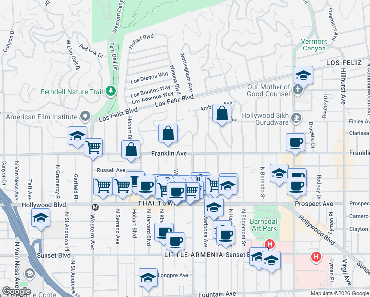 map of restaurants, bars, coffee shops, grocery stores, and more near 5121 Franklin Avenue in Los Angeles