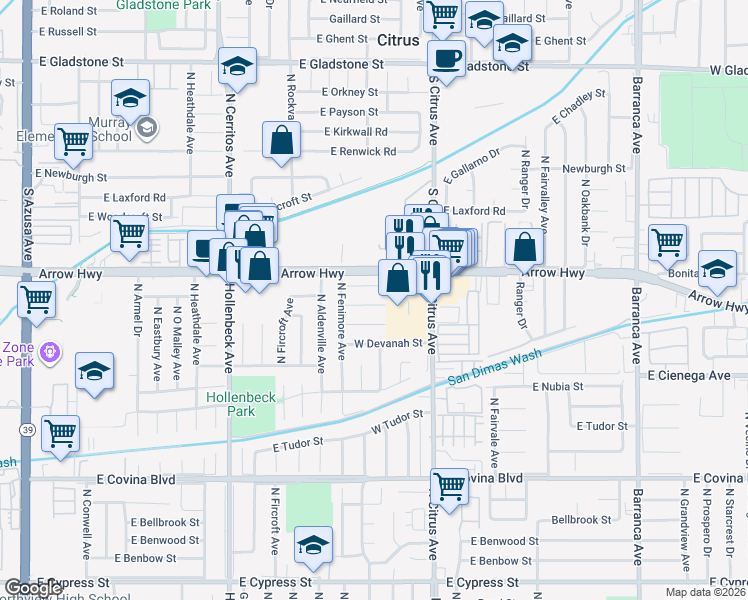 map of restaurants, bars, coffee shops, grocery stores, and more near 218 West Bygrove Street in Covina
