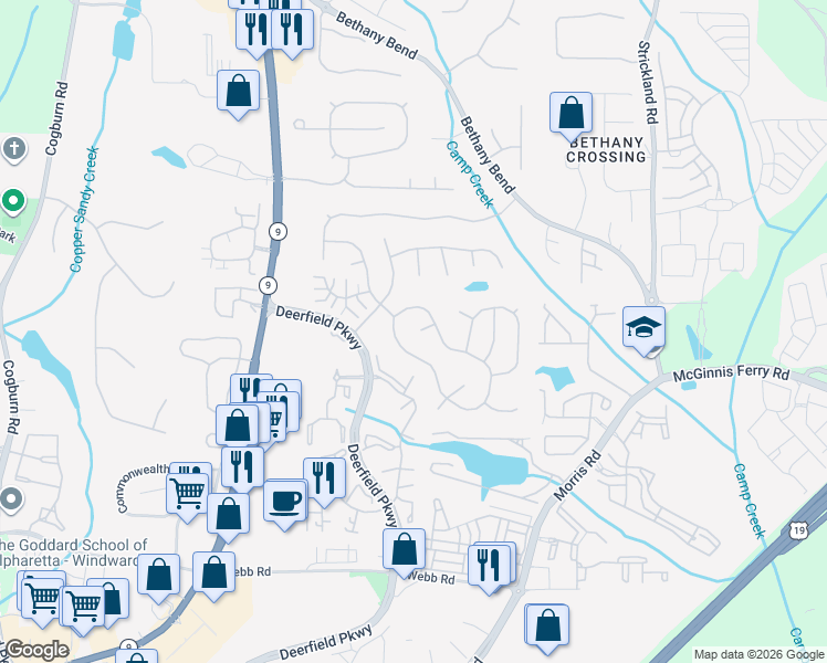 map of restaurants, bars, coffee shops, grocery stores, and more near 245 Cello Court in Alpharetta
