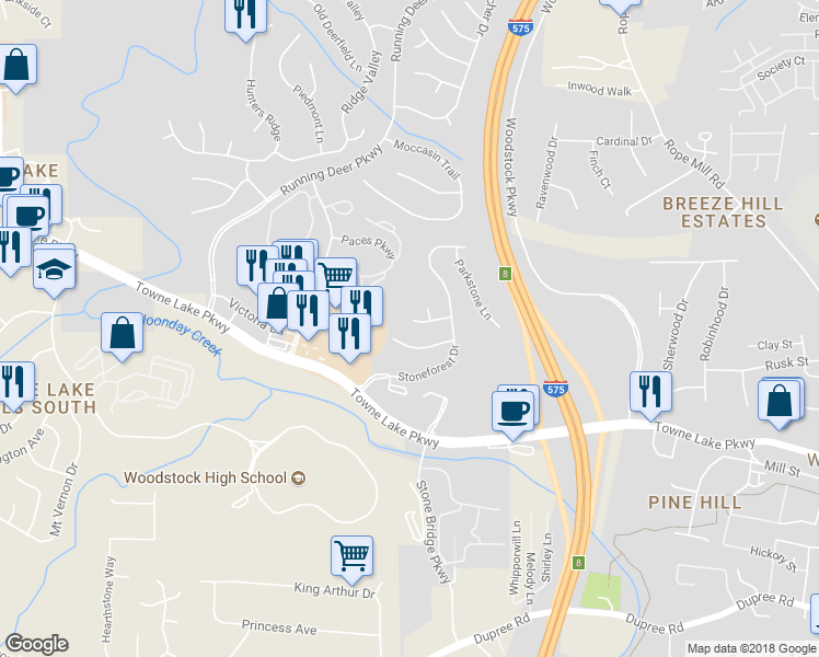map of restaurants, bars, coffee shops, grocery stores, and more near 315 Parkview Place in Woodstock