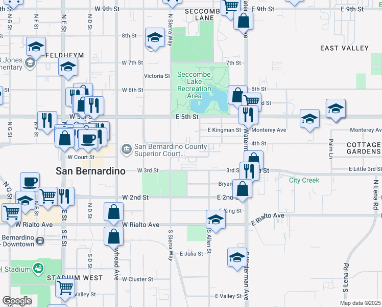 map of restaurants, bars, coffee shops, grocery stores, and more near 150 East Court Street in San Bernardino