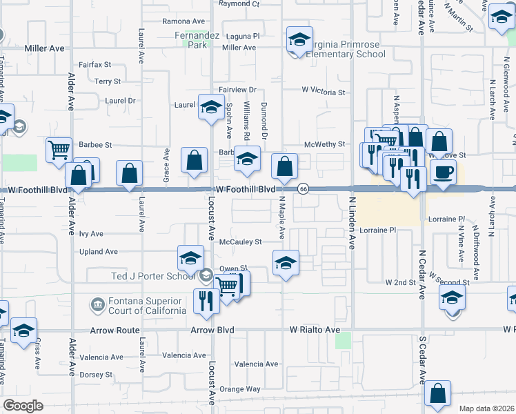 map of restaurants, bars, coffee shops, grocery stores, and more near 18215 Foothill Boulevard in Fontana