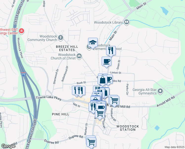 map of restaurants, bars, coffee shops, grocery stores, and more near 205A Rope Mill Road in Woodstock