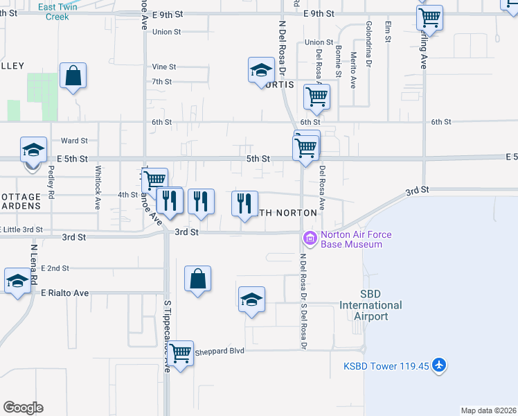 map of restaurants, bars, coffee shops, grocery stores, and more near in San Bernardino