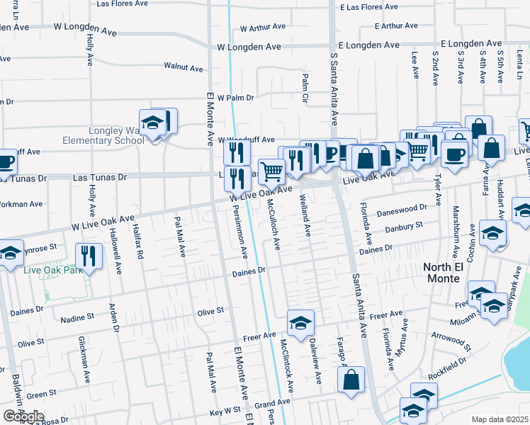 map of restaurants, bars, coffee shops, grocery stores, and more near 5657 McCulloch Avenue in Temple City