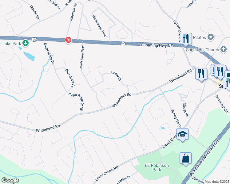 map of restaurants, bars, coffee shops, grocery stores, and more near 5229 Pine Branch Court in Sugar Hill