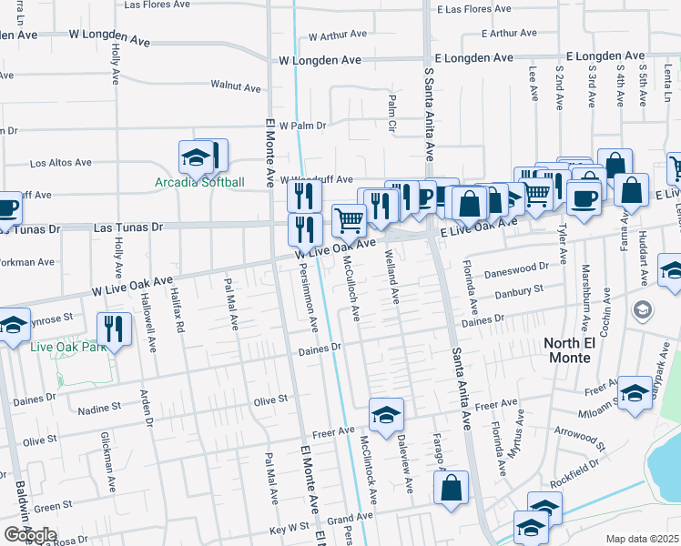 map of restaurants, bars, coffee shops, grocery stores, and more near 5657 McCulloch Avenue in Temple City