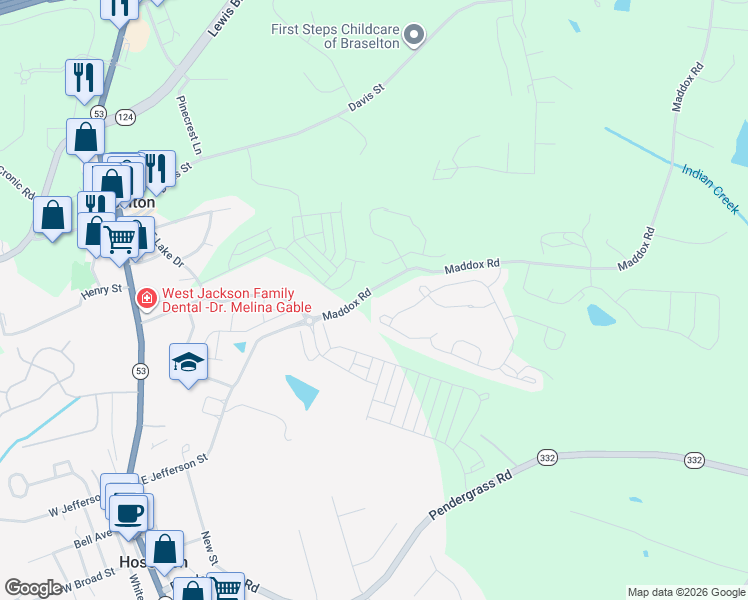 map of restaurants, bars, coffee shops, grocery stores, and more near 614 East G Barnett Road in Hoschton