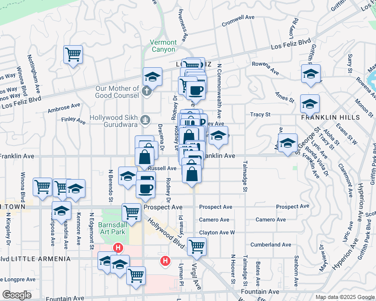 map of restaurants, bars, coffee shops, grocery stores, and more near 4523 Franklin Avenue in Los Angeles