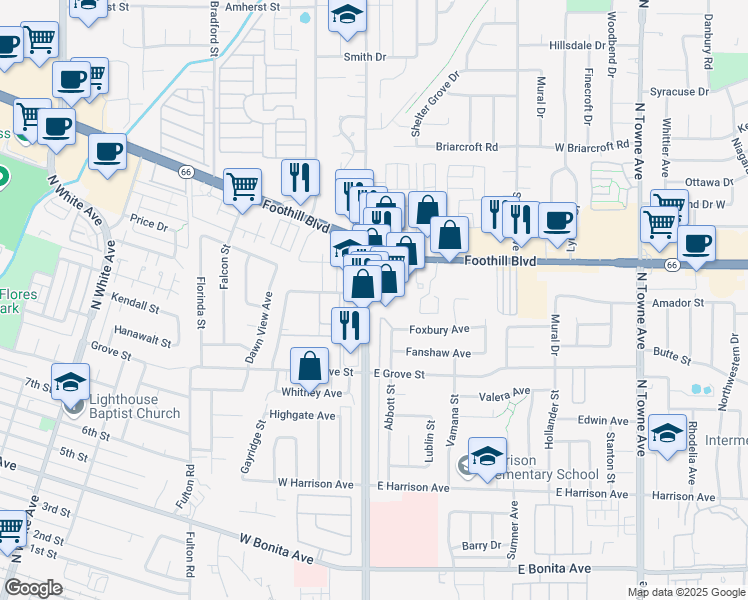 map of restaurants, bars, coffee shops, grocery stores, and more near 3106-3108 N Garey Ave in Pomona
