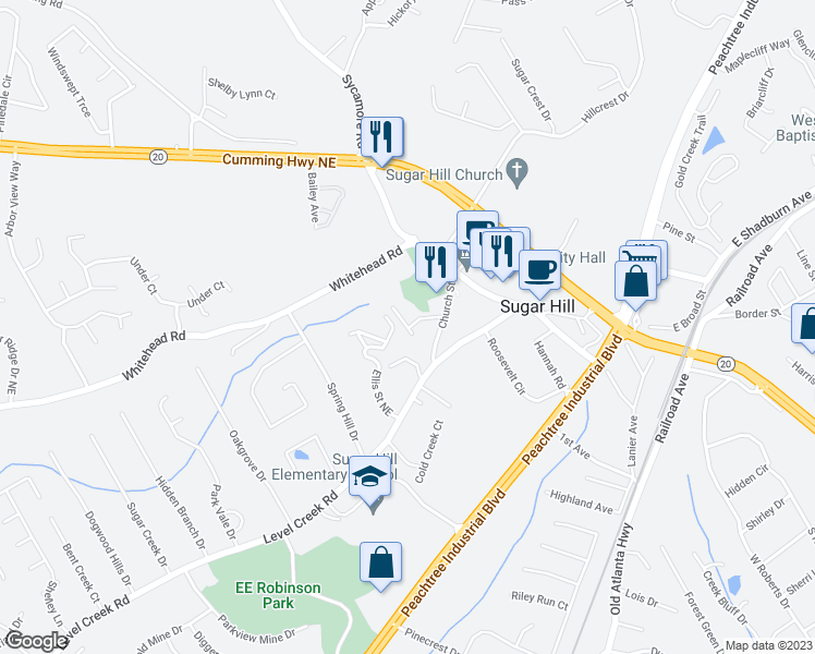 map of restaurants, bars, coffee shops, grocery stores, and more near 5028 Top Cat Court in Sugar Hill