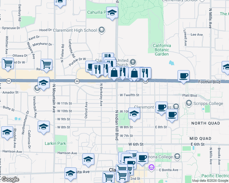 map of restaurants, bars, coffee shops, grocery stores, and more near 1219 North Indian Hill Boulevard in Claremont