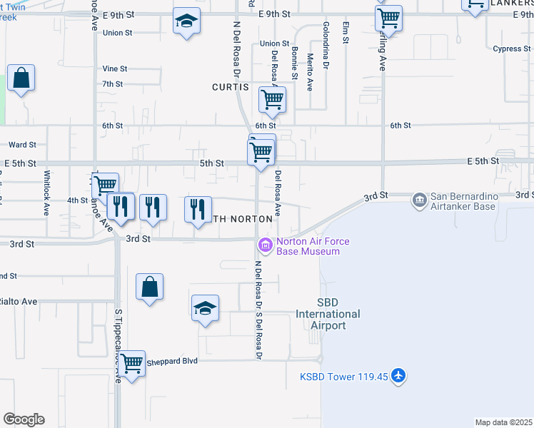 map of restaurants, bars, coffee shops, grocery stores, and more near 8132 Del Rosa Avenue in San Bernardino