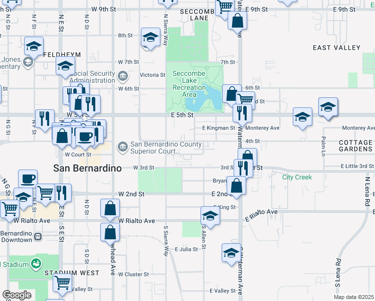 map of restaurants, bars, coffee shops, grocery stores, and more near 149 East Court Street in San Bernardino
