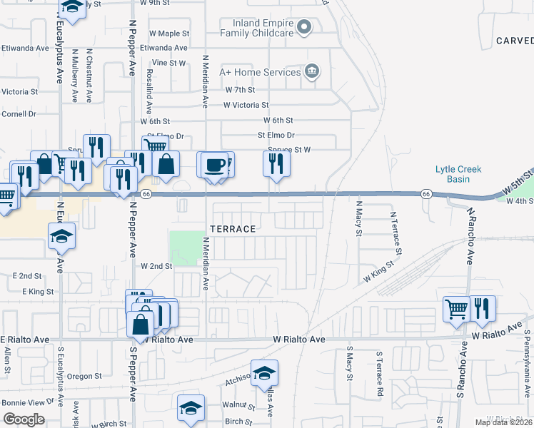 map of restaurants, bars, coffee shops, grocery stores, and more near 2505 Foothill Boulevard in San Bernardino
