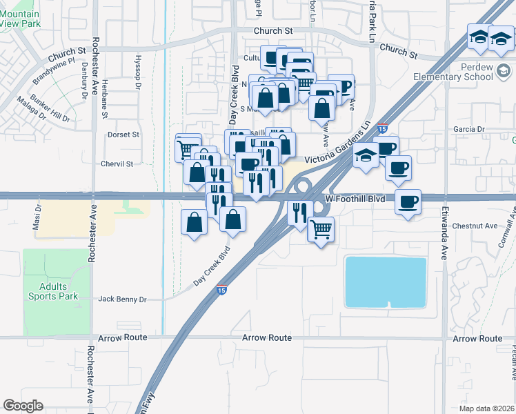 map of restaurants, bars, coffee shops, grocery stores, and more near 12367 East Foothill Boulevard in Rancho Cucamonga