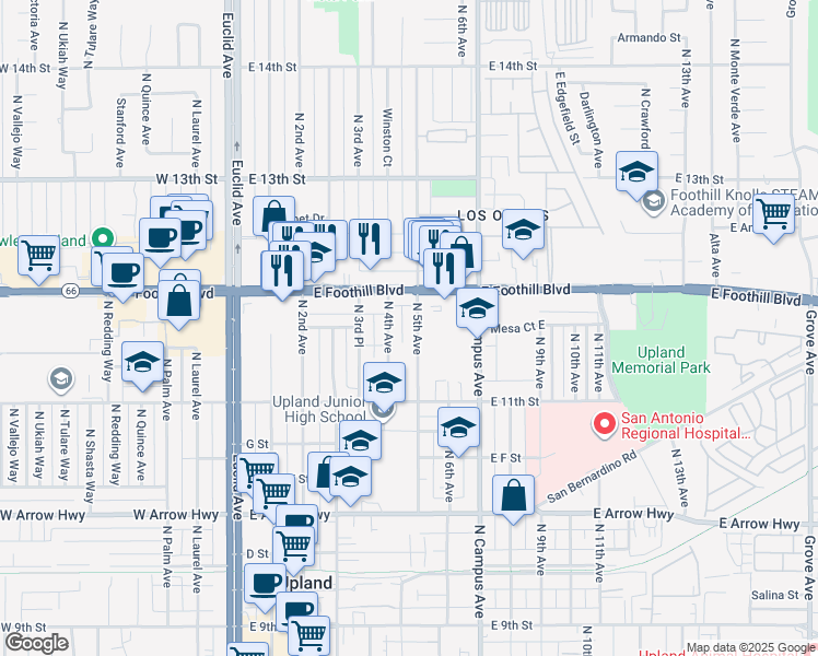 map of restaurants, bars, coffee shops, grocery stores, and more near 914 North 4th Avenue in Upland