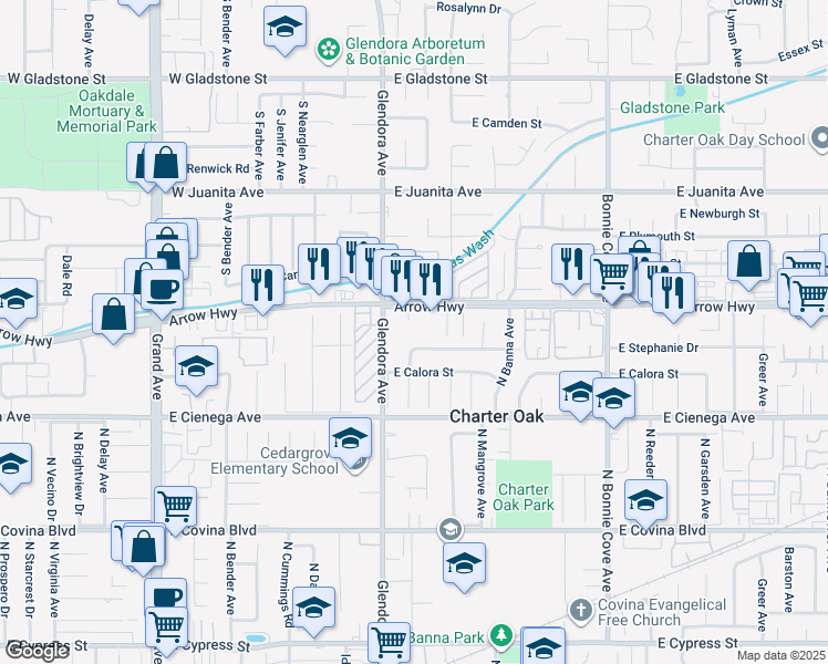 map of restaurants, bars, coffee shops, grocery stores, and more near 20035 East Stephanie Drive in Covina