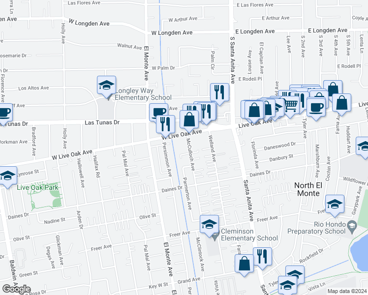map of restaurants, bars, coffee shops, grocery stores, and more near 10787 Lynrose Street in Temple City