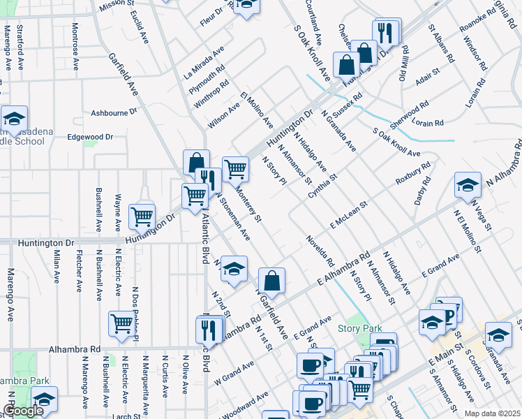 map of restaurants, bars, coffee shops, grocery stores, and more near 930 North Monterey Street in Alhambra