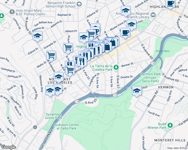 map of restaurants, bars, coffee shops, grocery stores, and more near 159 South Avenue 53 in Los Angeles