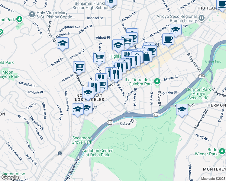 map of restaurants, bars, coffee shops, grocery stores, and more near 135 South Avenue 52 in Los Angeles