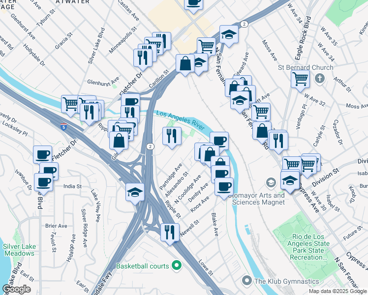 map of restaurants, bars, coffee shops, grocery stores, and more near 2921 Partridge Avenue in Los Angeles
