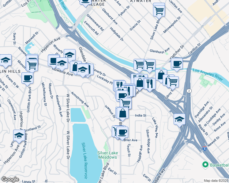 map of restaurants, bars, coffee shops, grocery stores, and more near 2602 Glendale Boulevard in Los Angeles