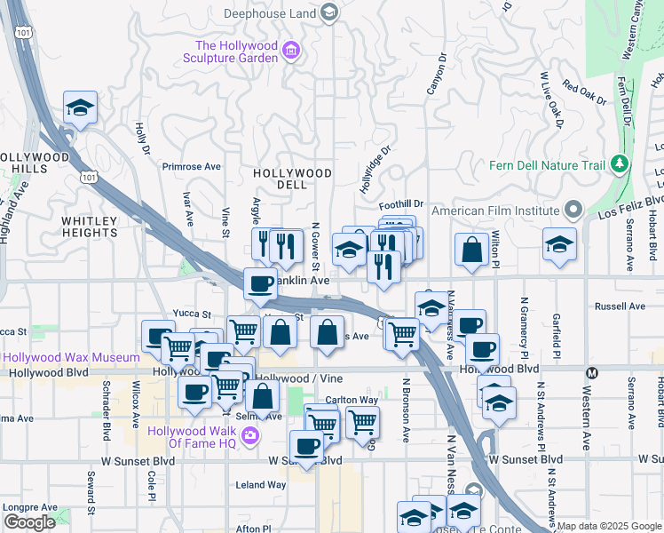 map of restaurants, bars, coffee shops, grocery stores, and more near 6130 Franklin Avenue in Los Angeles