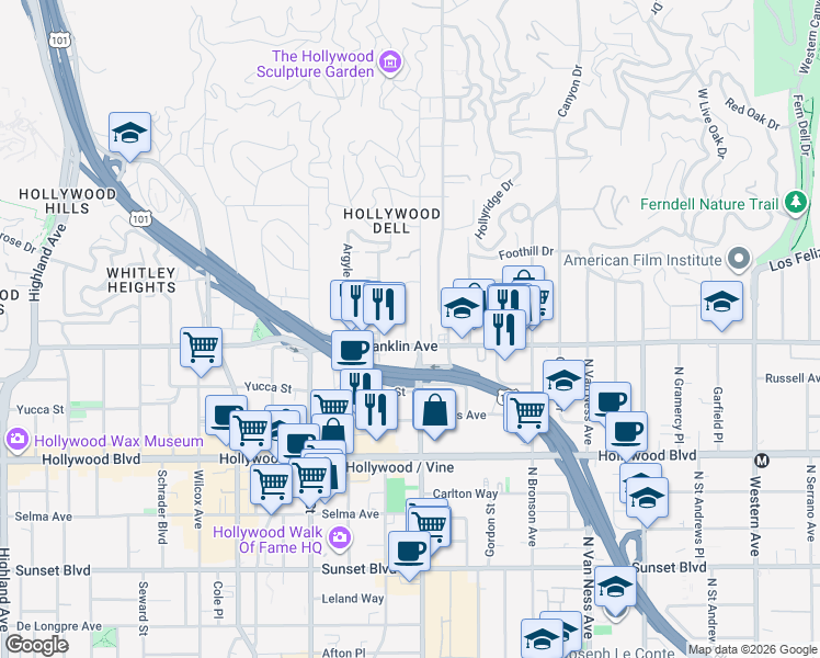 map of restaurants, bars, coffee shops, grocery stores, and more near 1907 Carmen Avenue in Los Angeles
