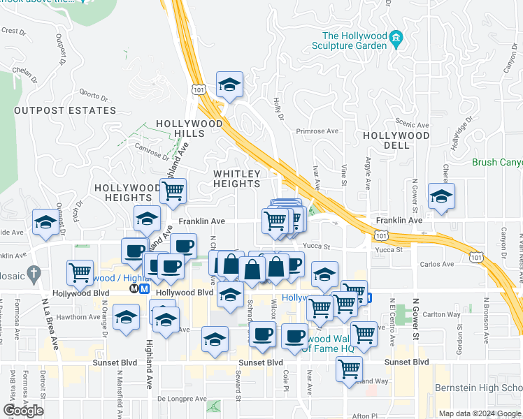 map of restaurants, bars, coffee shops, grocery stores, and more near 1900 Grace Avenue in Los Angeles