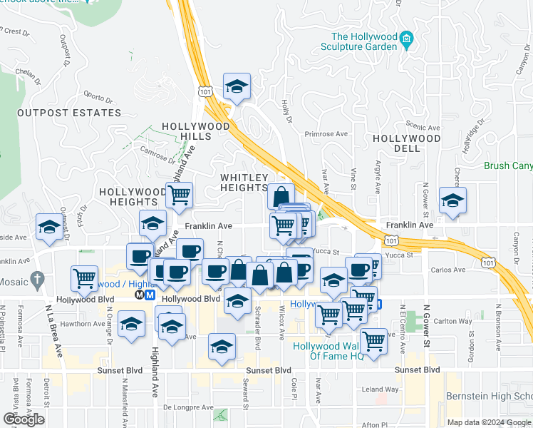 map of restaurants, bars, coffee shops, grocery stores, and more near 1900 Grace Avenue in Los Angeles