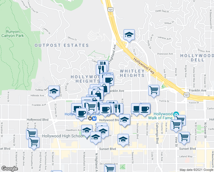 map of restaurants, bars, coffee shops, grocery stores, and more near 1909 1/2 North Las Palmas Avenue in Los Angeles