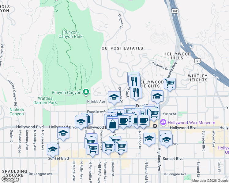 map of restaurants, bars, coffee shops, grocery stores, and more near 7075 Hillside Avenue in Los Angeles