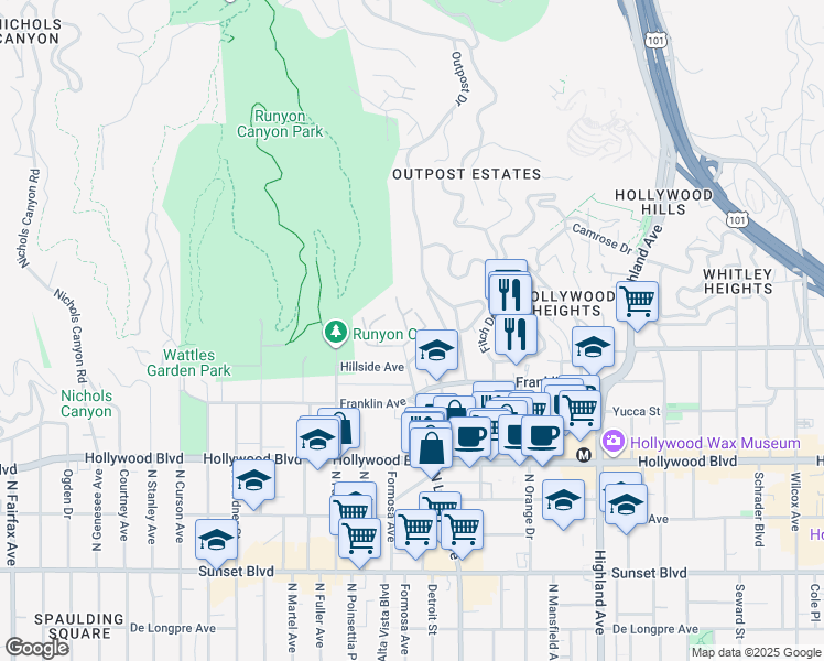 map of restaurants, bars, coffee shops, grocery stores, and more near 7075 Hillside Avenue in Los Angeles
