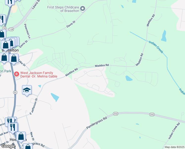 map of restaurants, bars, coffee shops, grocery stores, and more near 1102 Kingswood Way in Hoschton