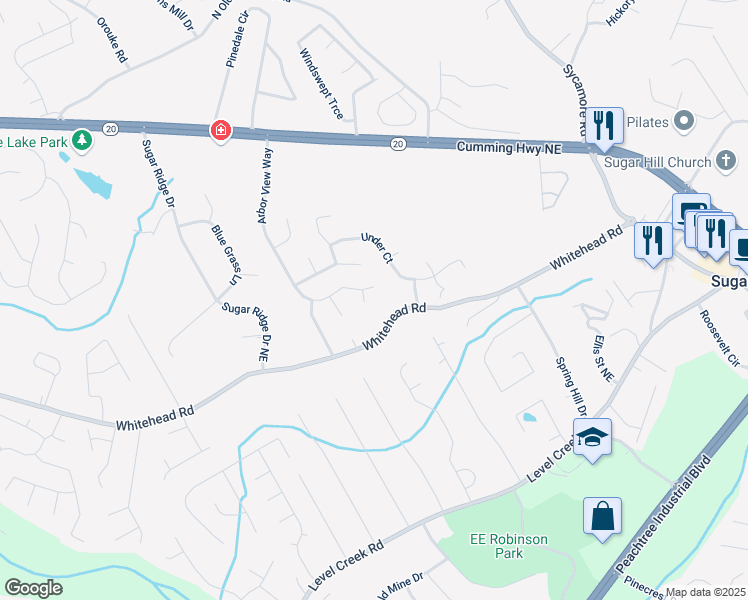 map of restaurants, bars, coffee shops, grocery stores, and more near 5229 Pine Branch Court in Sugar Hill