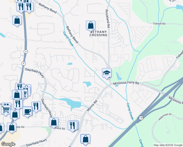 map of restaurants, bars, coffee shops, grocery stores, and more near 3522 Peacock Road in Alpharetta