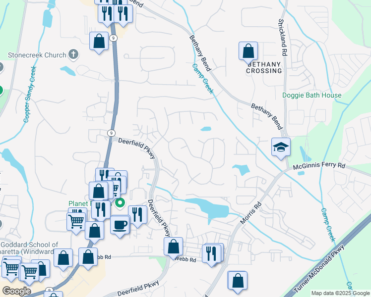 map of restaurants, bars, coffee shops, grocery stores, and more near 3251 Avensong Village Circle in Alpharetta