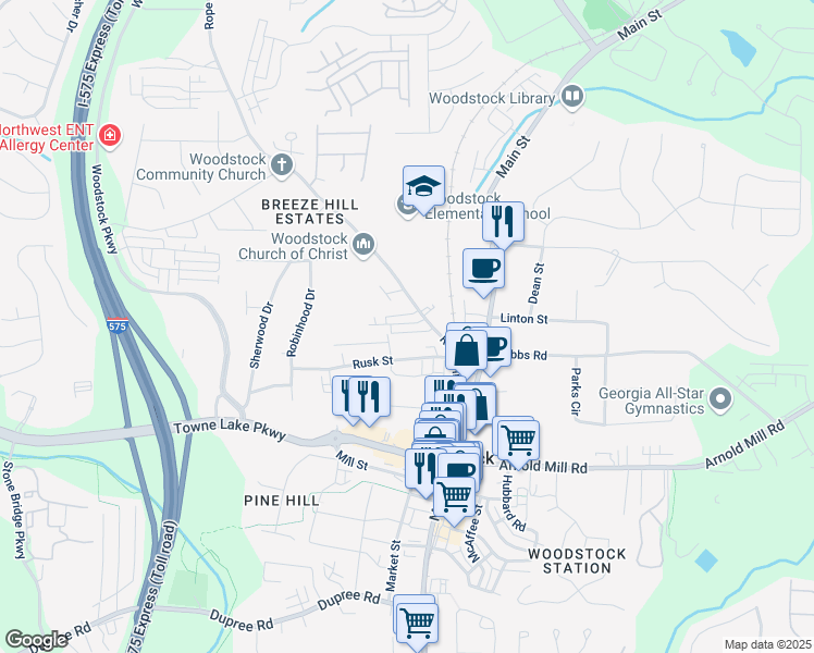 map of restaurants, bars, coffee shops, grocery stores, and more near 111 Pearl Street in Woodstock