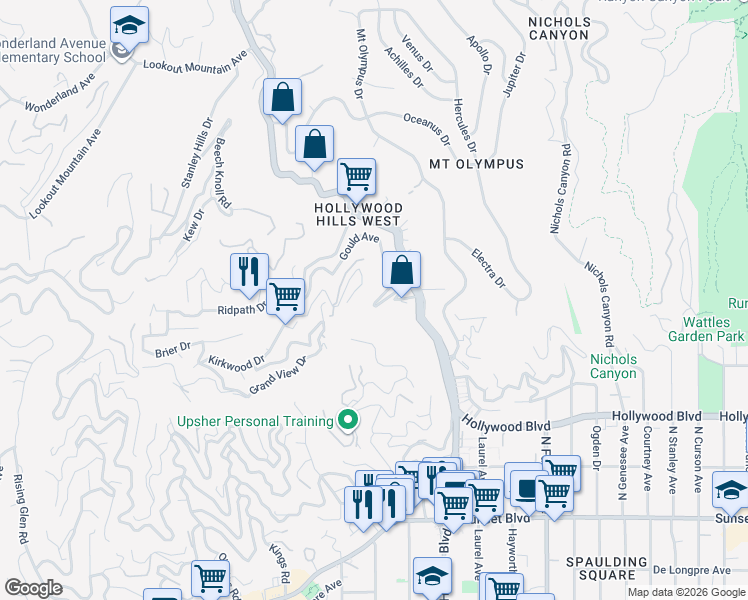 map of restaurants, bars, coffee shops, grocery stores, and more near 8140 Gould Avenue in Los Angeles