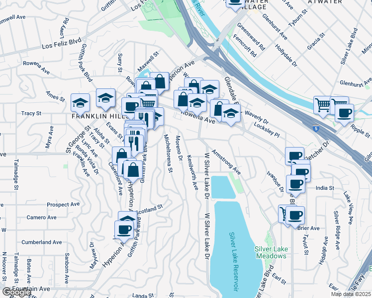 map of restaurants, bars, coffee shops, grocery stores, and more near 2519 Kenilworth Avenue in Los Angeles