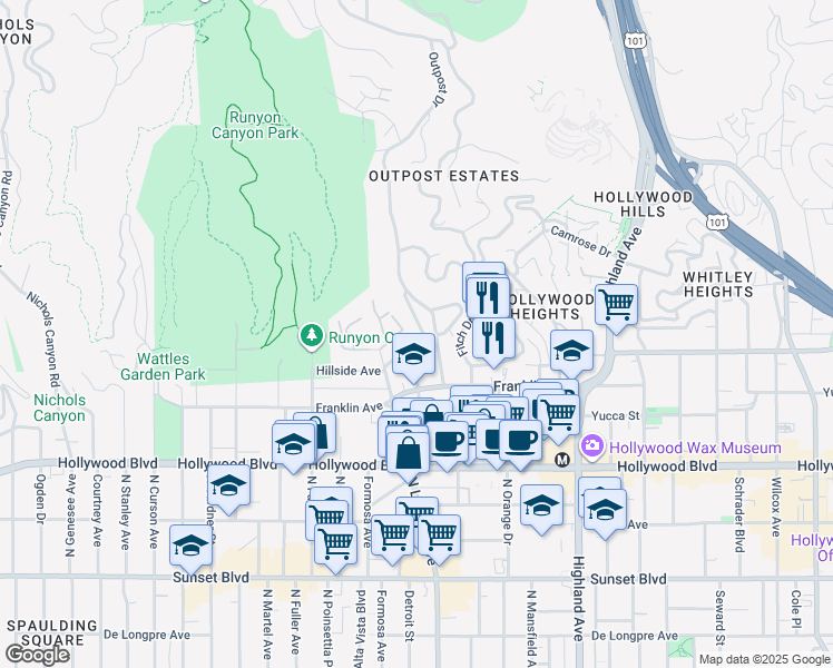 map of restaurants, bars, coffee shops, grocery stores, and more near 7075 Hillside Avenue in Los Angeles