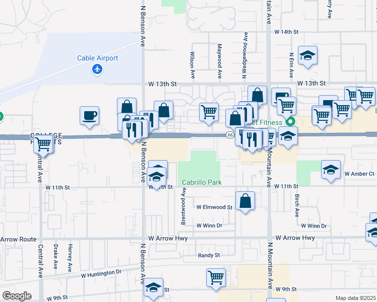 map of restaurants, bars, coffee shops, grocery stores, and more near 1460 West Foothill Boulevard in Upland