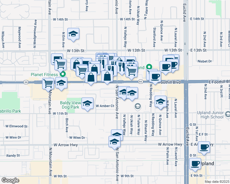 map of restaurants, bars, coffee shops, grocery stores, and more near 811 Orchid Court in Upland
