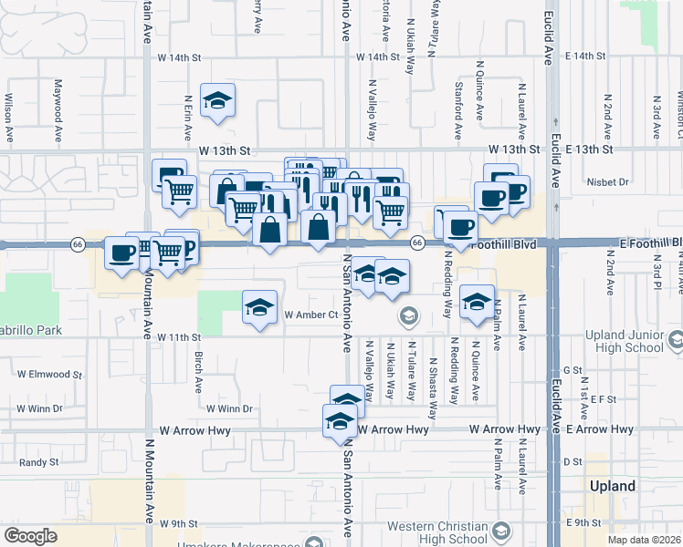 map of restaurants, bars, coffee shops, grocery stores, and more near 811 Orchid Court in Upland