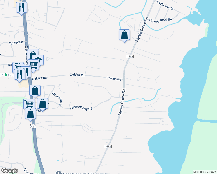 map of restaurants, bars, coffee shops, grocery stores, and more near 6902 Cedar Bluff Road in Wilmington