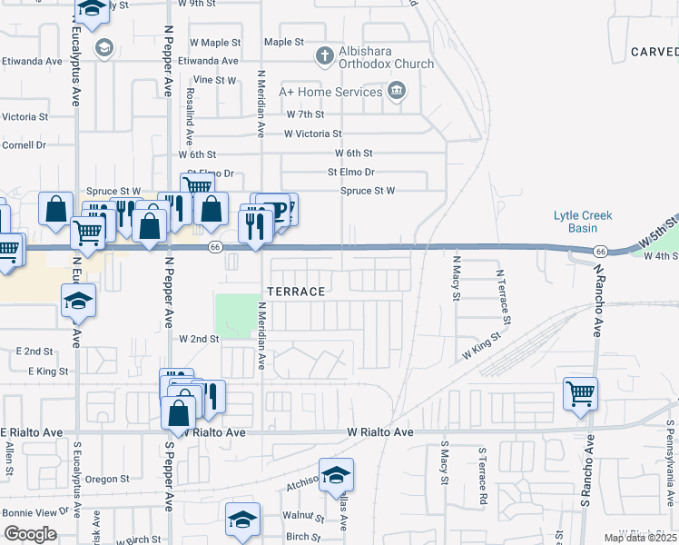 map of restaurants, bars, coffee shops, grocery stores, and more near 2505 Foothill Boulevard in San Bernardino