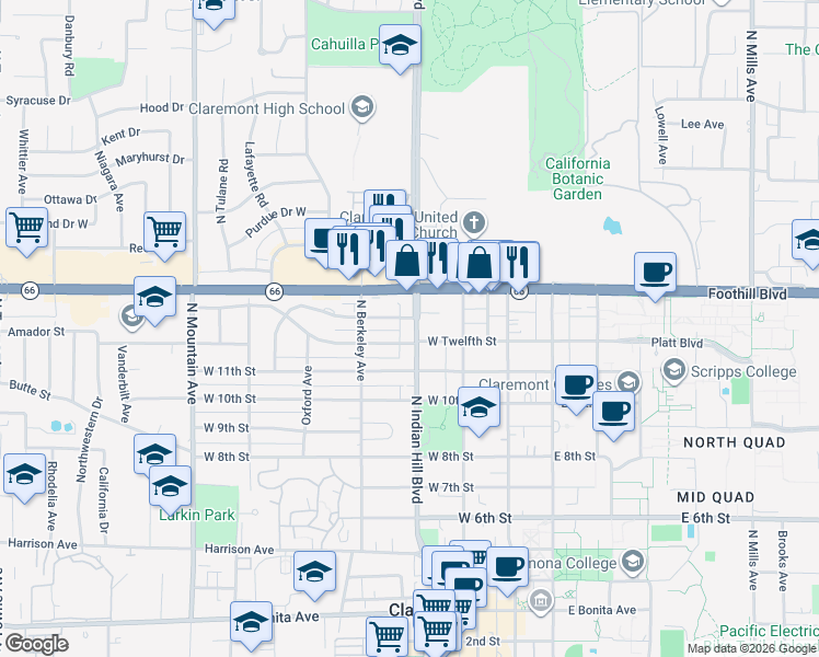 map of restaurants, bars, coffee shops, grocery stores, and more near 393 West 12th Street in Claremont