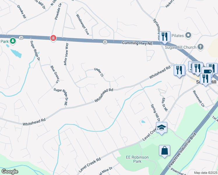 map of restaurants, bars, coffee shops, grocery stores, and more near 5202 Balin Lane in Sugar Hill
